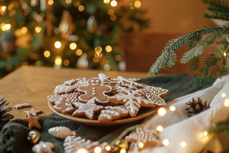 Merry Christmas! Gingerbread cookies with icing on wooden table with fir branches and festive...