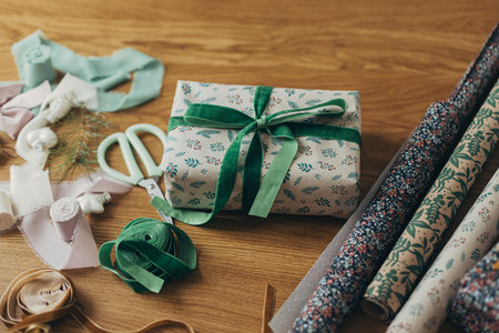Stylish christmas gift, festive wrapping paper, ribbons, scissors, vintage ornaments and brass bells...