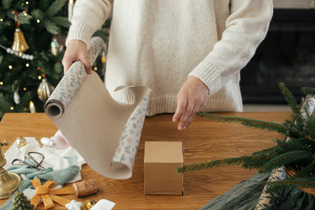 Woman in stylish sweater wrapping christmas gift in paper on wooden table with festive decorations in decorated scandinavian room. Merry Christmas! Hands packing present close upの写真素材