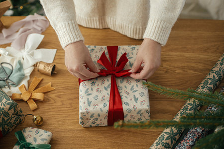 Woman wrapping stylish christmas gift with red ribbon on wooden table with festive decorations in decorated scandinavian room. Merry Christmas and Happy Holidays! Hand holding presentの写真素材