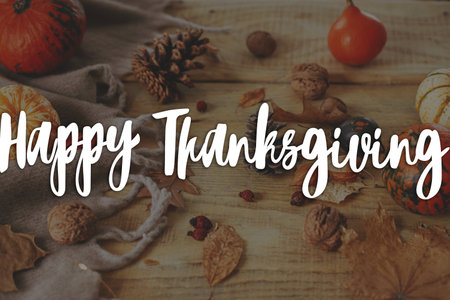 Happy Thanksgiving! Happy thanksgiving text and cute pumpkins, autumn leaves, cones, walnuts, cozy scarf on rustic wooden table. Season Greeting card, handwritten sign. Give thanksの写真素材