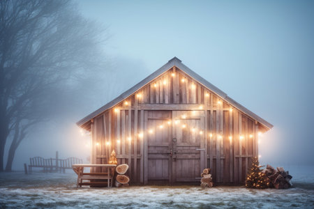 Stylish rustic cozy farmhouse against a night landscape, decorated with Christmas lights. Merry Christmas. Generated AIの素材