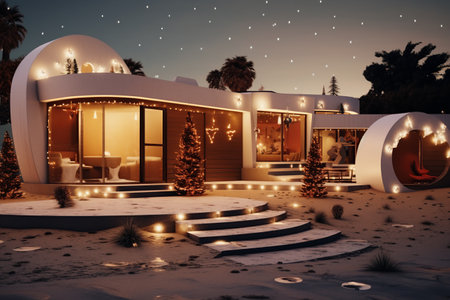 A stylish modern minimalist house against the background of a tropical natural landscape, decorated with Christmas lights. Merry Christmas. Generated AIの素材