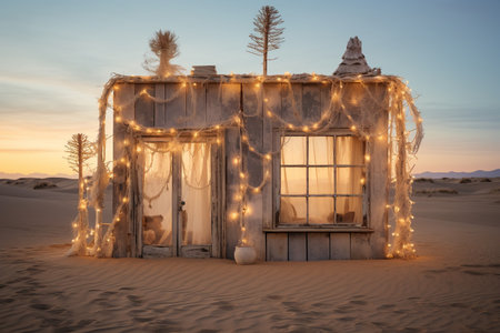 Stylish wabi sabi wooden cottage decorated with Christmas lights in desert. Merry Christmas. Happy holidays. Generated AIの素材