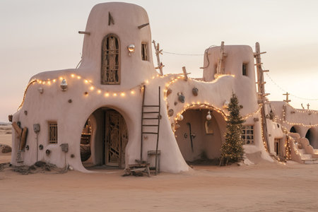Stylish wabi sabi wooden cottage decorated with Christmas lights in desert. Merry Christmas. Happy holidays. Generated AIの素材