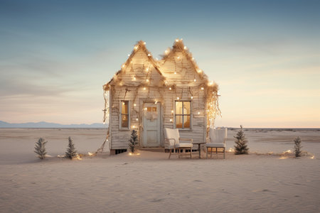 Stylish wabi sabi wooden cottage decorated with Christmas lights in desert. Merry Christmas. Happy holidays. Generated AIの素材