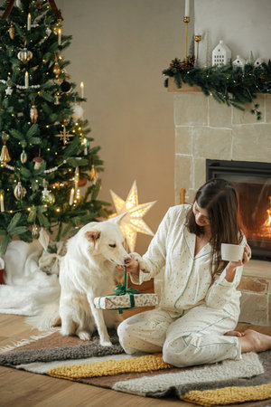 Beautiful woman in stylish pajamas with warm tea relaxing with cute  dog at cozy fireplace, enjoying christmas morning in festive decorated living room with gifts. Merry Christmas! Winter holidaysの写真素材