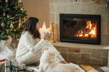 Cozy christmas morning. Beautiful woman in stylish pajamas holding warm tea and relaxing with cute  dog at fireplace in festive decorated living room. Merry Christmas! Winter holidays with petの写真素材