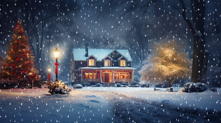 House illuminated by Christmas lights on a snowy night street. Festively decorated modern farmhouse. Merry Christmas. Happy holidays. AI Generatedの素材