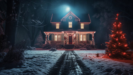 House illuminated by Christmas lights on a snowy night street. Festively decorated modern farmhouse. Merry Christmas. Happy holidays. AI Generatedの素材
