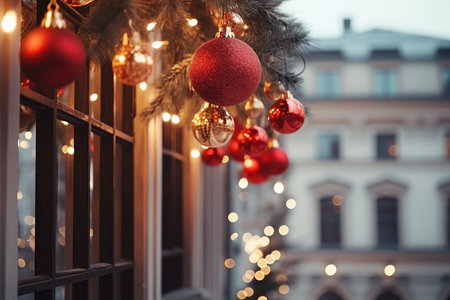 Red Christmas balloons with decorated pines branches on the background of an illuminated winter street. Merry Christmas. Happy holidays. AI Generatedの素材