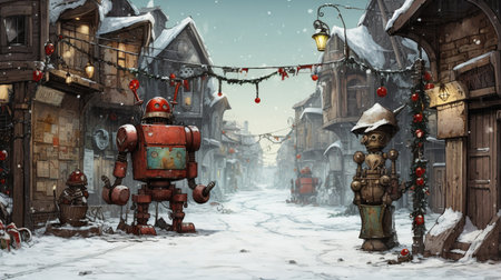 Christmas in the city of the future with robots. Futuristic concept of cosmic Christmas celebration. artistic graphic illustration in comic style. Merry Christmas. AI Generatedの素材