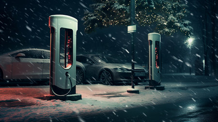 A snowy charging station for electric cars decorated with Christmas lights. Christmas night. Merry Christmas. Happy holidays. AI Generatedの素材