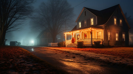 House illuminated by Christmas lights on a snowy night street. Festively decorated modern farmhouse. Merry Christmas. Happy holidays. AI Generatedの素材