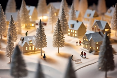 Miniature toy night festive illuminated snowy city. Christmas night in a small town. Merry Christmas and happy holidays. AI Generatedの素材