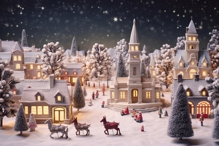 Miniature toy night festive illuminated snowy city. Christmas night in a small town. Merry Christmas and happy holidays. AI Generatedの素材
