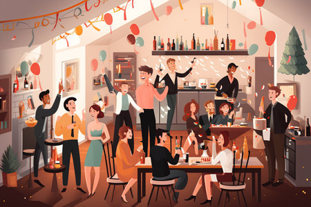 Bright party with colored confetti and inflatable balls. flat illustration style. AI Generatedの素材