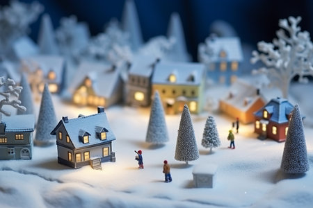Miniature toy night festive illuminated snowy city. Christmas night in a small town. Merry Christmas and happy holidays. AI Generatedの素材