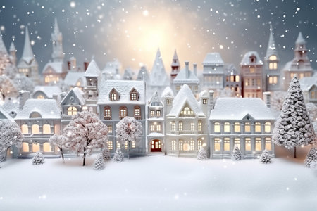 Miniature toy night festive illuminated snowy city. Christmas night in a small town. Merry Christmas and happy holidays. AI Generatedの素材