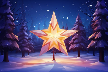 Christmas shining star among the snowy coniferous forest. Artistic illustration. Merry Christmas. Happy holidays. AI Generatedの素材