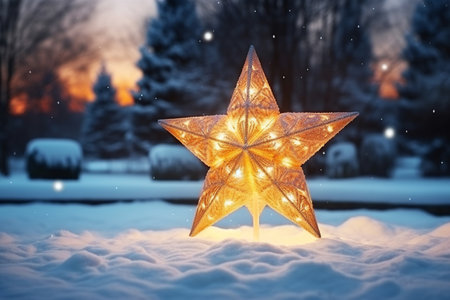 Golden Christmas star on the background of an illuminated winter street. Merry Christmas. Happy holidays. AI Generatedの素材