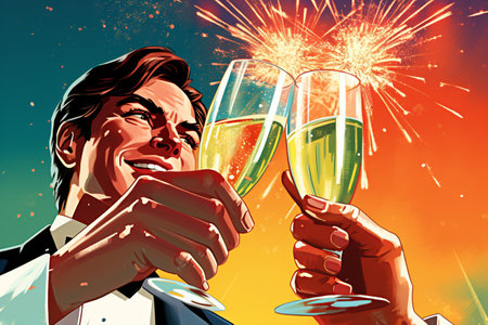 two hands hold glasses of champagne against the background of sparklers. retro style illustration. Merry Christmas and Happy New Year. AI Generatedの素材