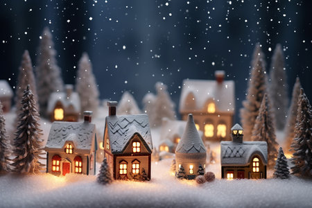 Miniature toy night festive illuminated snowy city. Christmas night in a small town. Merry Christmas and happy holidays. AI Generatedの素材