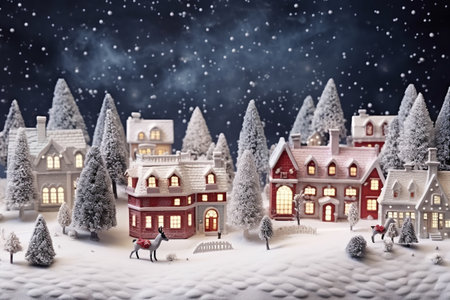 Miniature toy night festive illuminated snowy city. Christmas night in a small town. Merry Christmas and happy holidays. AI Generatedの素材