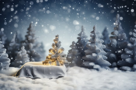 Miniature toy night festive illuminated snowy Christmas tree. Merry Christmas and happy holidays. AI Generatedの素材