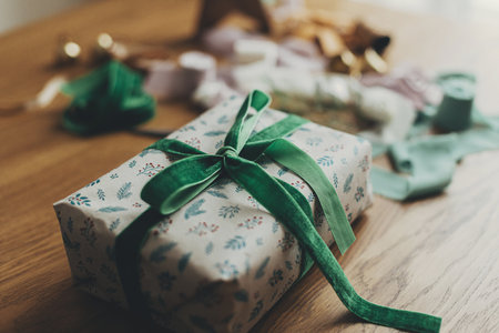 Merry Christmas! Wrapping christmas present. Stylish christmas gift, festive wrapping paper, ribbons, scissors, vintage ornaments and brass bells on wooden table. Winter holiday preparationの写真素材