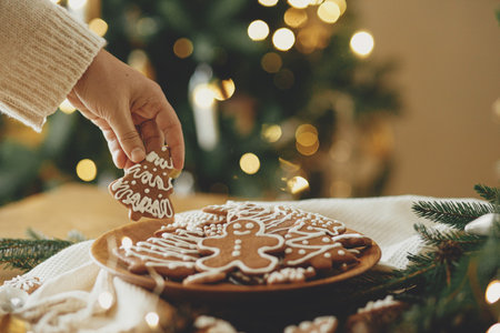 Merry Christmas! Hand holding gingerbread cookie with icing on background of cookies in plate on table against christmas tree golden lights. Atmospheric Christmas holidays, family timeの写真素材
