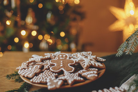 Merry Christmas! Gingerbread cookies with icing in plate on wooden table with fir branches and festive decorations against christmas golden lights. Atmospheric Christmas eve, family timeの写真素材