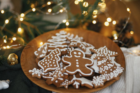 Merry Christmas! Gingerbread cookies with icing in plate on wooden rustic table with fir branches, festive decorations and christmas golden lights. Atmospheric Christmas holidays, family timeの写真素材