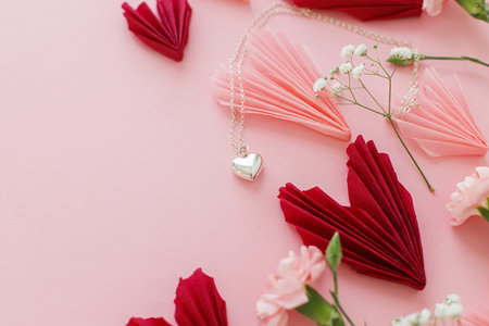 Happy Valentine's day ! Stylish pink and red hearts with gentle flowers and heart necklace flat lay on pink background. Valentines hearts paper cutouts and jewelry. Love and mother's dayの写真素材