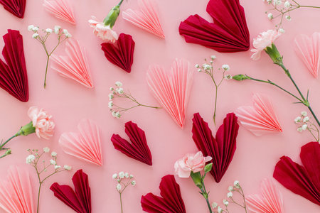 Valentines day flat lay. Stylish pink and red hearts composition with flowers on pink background. Happy Valentines day! Modern hearts paper cutouts. Love and mothers dayの写真素材