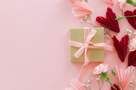 Valentines day flat lay. Stylish pink and red hearts, flowers and gift box on pink background, copy space. Happy Valentines day! Modern hearts paper cutouts and box. Love and mother's dayの写真素材