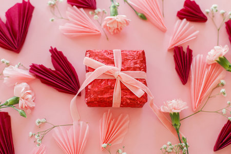 Happy Valentine's day ! Stylish pink and red hearts, flowers and gift box flat lay on pink background. Valentines hearts paper cutouts and  box. Love and mother's dayの写真素材