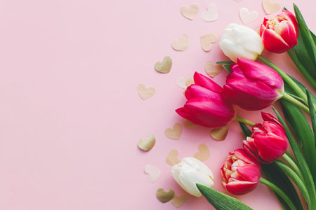 Stylish hearts and tulips on pink background flat lay. Happy Valentines day and happy mothers day. Valentine border gold hearts paper cutouts. Banner template, space for textの写真素材