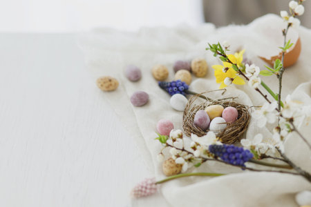 Happy Easter! Stylish easter chocolate eggs in nest, spring flowers, feathers and linen cloth on white rustic wooden table. Easter modern simple banner, space for text. Seasons greetingsの写真素材