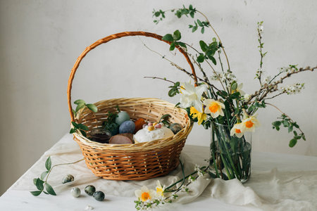 Stylish Easter basket with eggs and food with spring flowers on rustic table. Happy Easter! Traditional easter holiday food. Modern natural dye eggs, tasty ham, bread, butter, beetsの写真素材