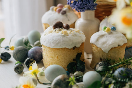 Happy Easter! Stylish easter eggs, homemade easter bread and spring flowers on linen napkin on rustic table. Natural painted marble eggs, blooms and holiday food. Modern still lifeの写真素材
