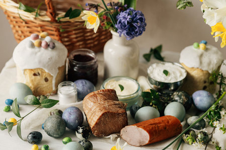 Happy Easter! Stylish easter natural dyed eggs, meat, bread, butter, beets, basket and flowers on...