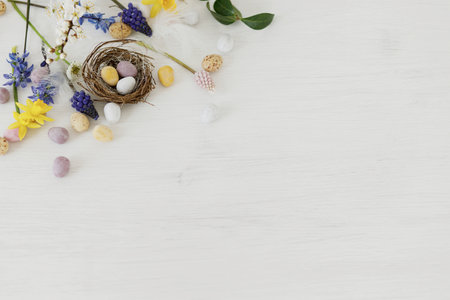 Happy Easter! Stylish easter chocolate eggs in nest, spring flowers, feathers border on white rustic wooden table. Easter modern simple decoration banner, space for text. Seasons greetingsの写真素材
