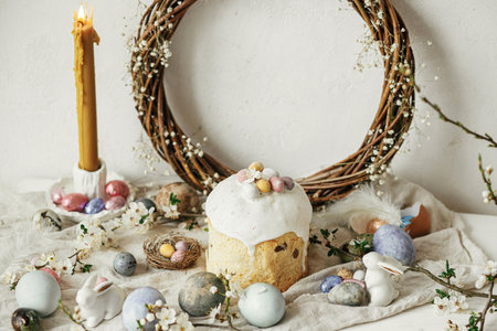 Happy Easter! Stylish easter eggs, cake, bunnies, cherry blossom and daffodils on rustic table. Modern natural dyed eggs, holiday food and spring flowers. Easter countryside still lifeの写真素材
