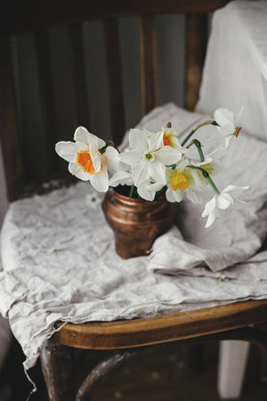 Stylish daffodils in vintage vase on old wooden chair with linen cloth.  Rustic still life. Countryside moody spring flowers composition. Easter floral bannerの写真素材