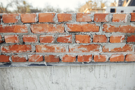 Bricks masonry with cement on concrete foundation, process of house building. Red bricks for laying on concrete foundation. Building materials at construction siteの写真素材