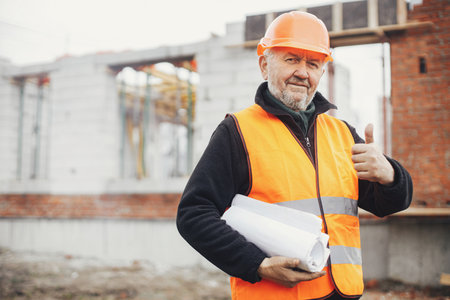 Senior male foreman in hardhat approving building new modern house according to blueprints. Portrait of happy man engineer or construction worker with plans at construction siteの写真素材