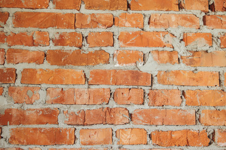 Bricks wall masonry close up with cement. Process of house building and building materials concept. Red bricks laying at construction site. Brick wallpaper patternの写真素材