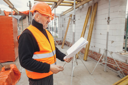 Senior man engineer or construction worker in hardhat looking at blueprints at building new modern house. Male architect or contractor checking plans at construction site. Copy spaceの写真素材