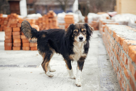 Cute fluffy dog walking among bricks on concrete foundation, process of house building. Old dog guarding red bricks for laying on concrete foundation. Building materials at construction siteの写真素材